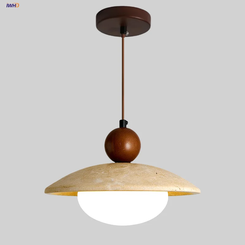 

IWHD Wood Globe LED Pendant Light Fixtures Yellow Travertine Stone Restaurant Porch Foyer White Glass Wire Adjustable Hang Lamp