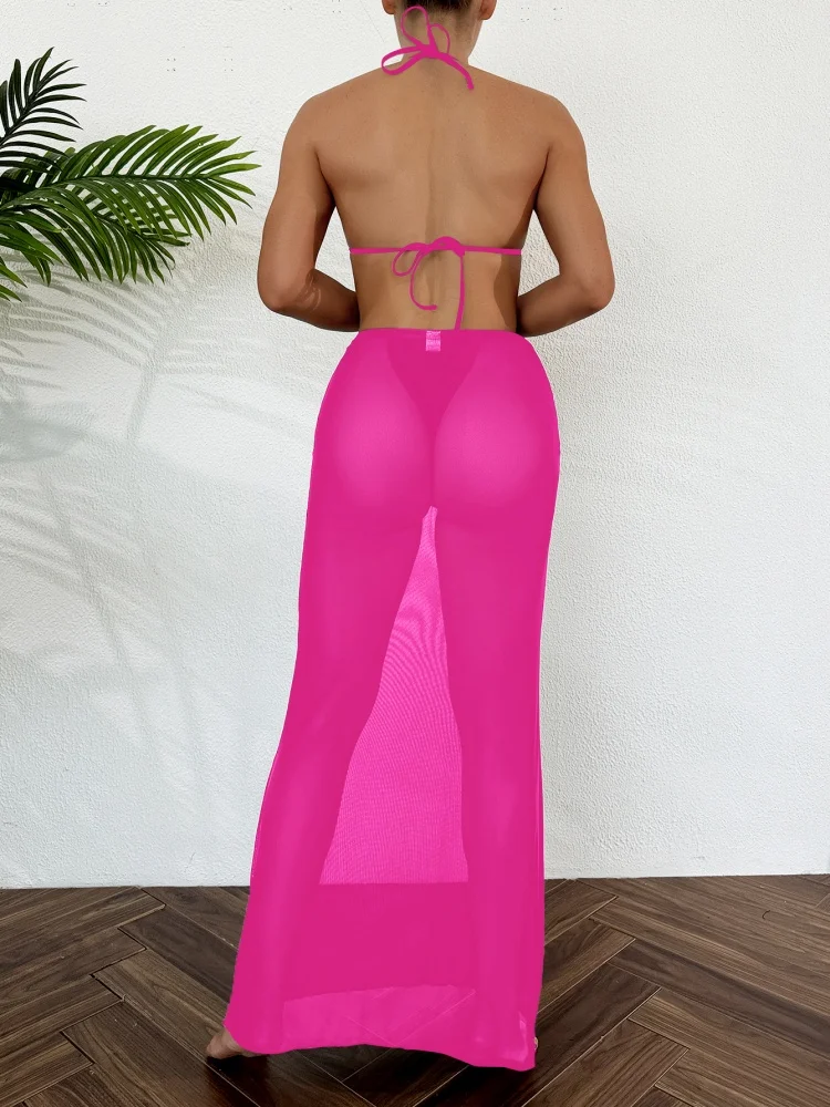 ชุดว่ายน้ําสตรีบิกินี่ 2025 ใหม่ Halter ชุดบิกินี่เซ็กซี่ Lace Up ชุดว่ายน้ําฤดูร้อนกระโปรงตาข่ายชายหาดชุดว่ายน้ําหญิง