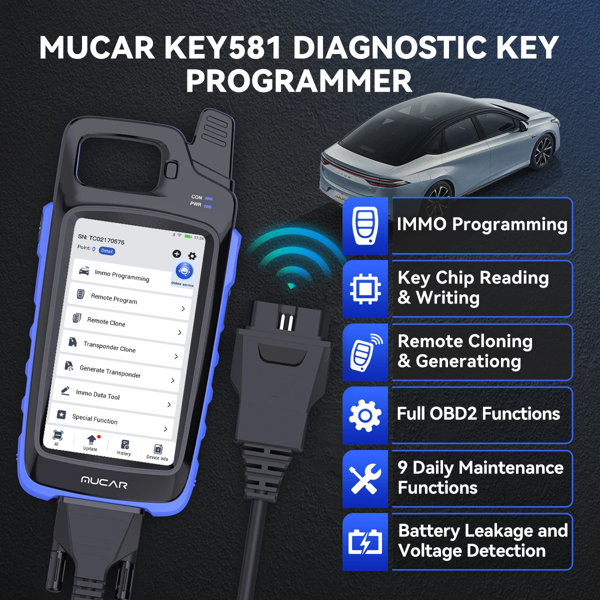 MUCAR KEY581 IMMO Key Programmer OBD2 Diagnostic Tool Support Full OBD2 Function 9 Maintenance Chip Read Write Cloning
