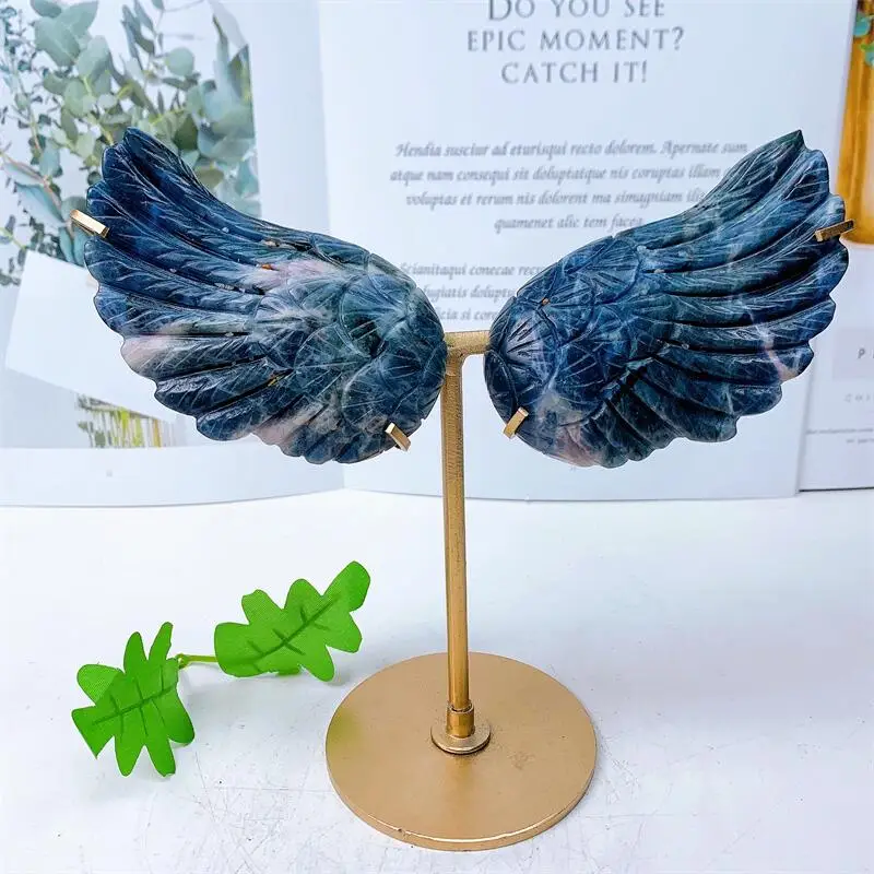 Natural Blue Sodalite Angel Wings Crystal Carving Crafts Fengshui Home Decoration Healing Girl Birthday Present 1pair