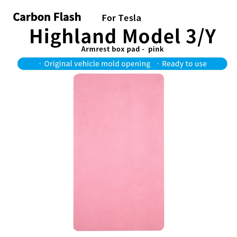 Suitable for Tesla Updated Model 3/Y – Pink Suede Anti-Slip Armrest Pad with Carbon Flash Protective Cover.