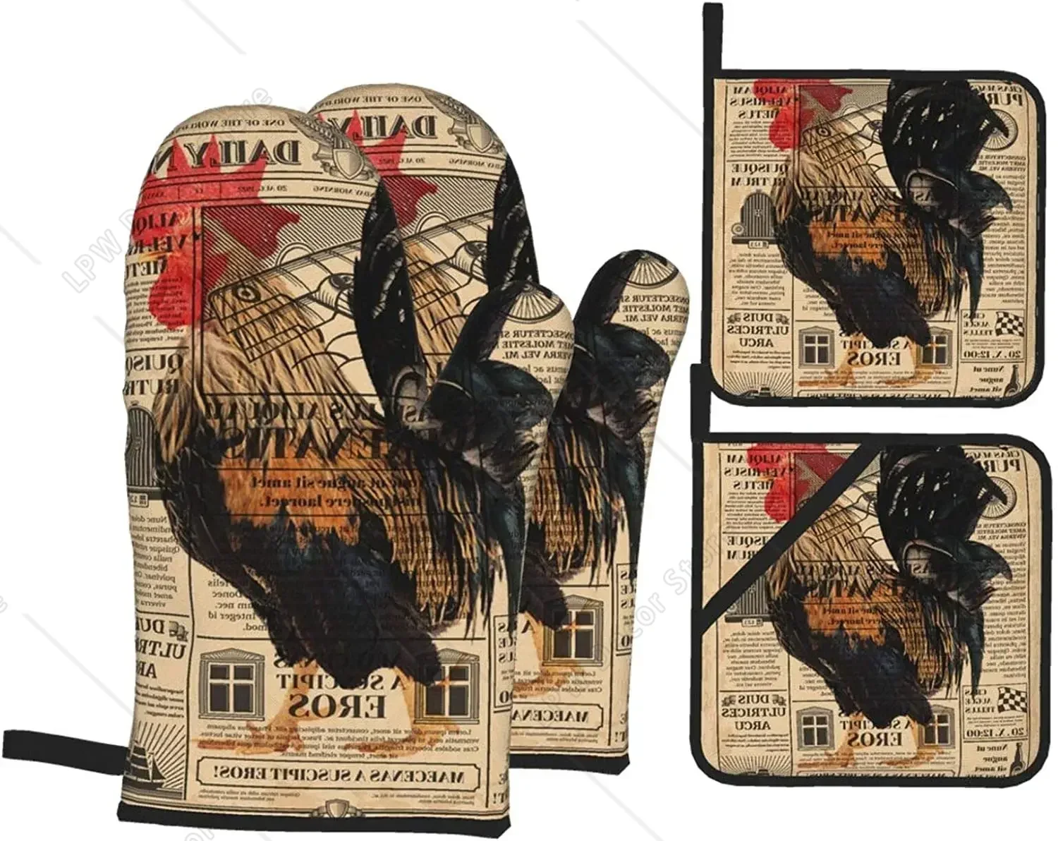 Vintage Newspaper Rooster Oven Mitts and Pot Holders Set of 4 Cotton Lining with Hot Pads Heat Resistant Microwave Gloves
