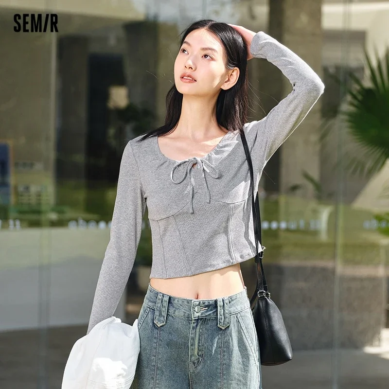 Semir 2024 Long-Sleeved T-Shirt Women Short Bow Tight Sweater Spring 2024 New Large Round Neck Fishbone Top Tee Shirts