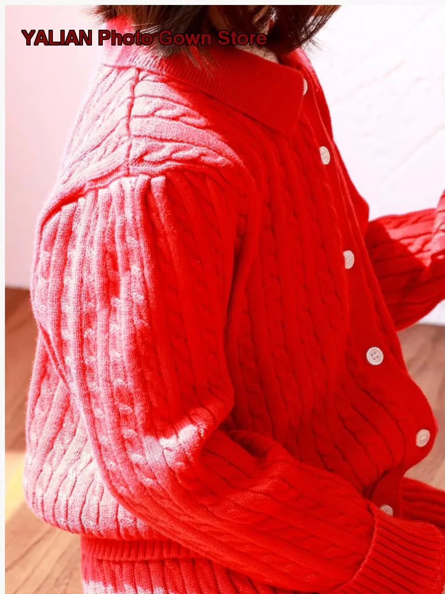 Girls Two-Piece Set Kids Autumn Winter Polo Knit Cardigan Ribbed Hollow Out New Year Dress Kindergarten