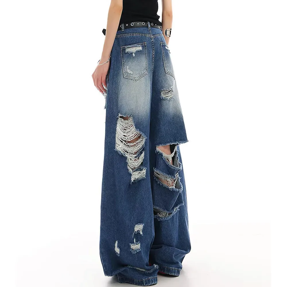 MWJLPWQ American High Street Ripped Jeans For Men Vintage Distressed Style Washed Damaged Niche Loose Wide-Leg Trousers 17465