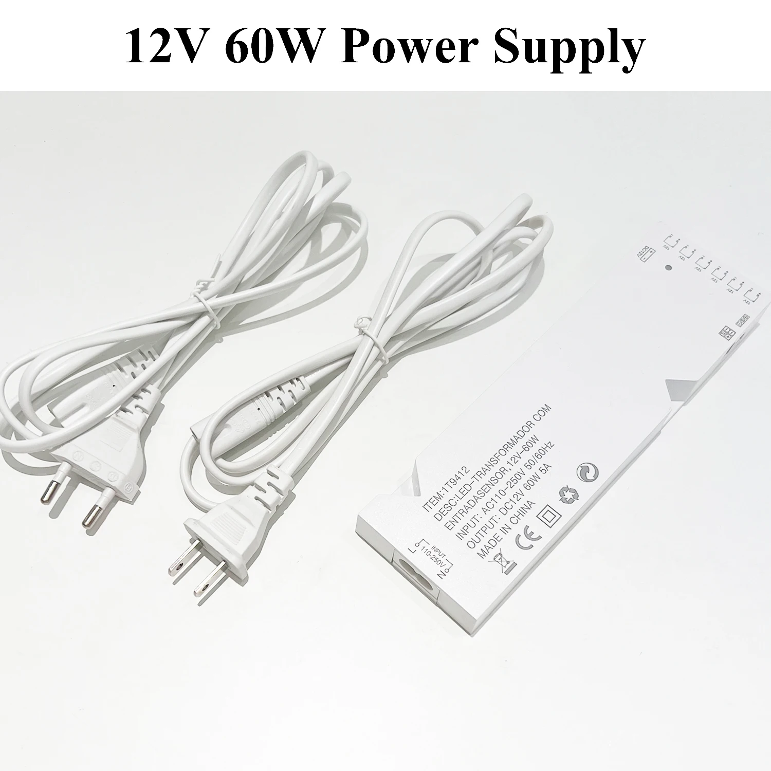 

12V 60W Constant Voltage Power Supply with Cord AC110V 240V to 12VDC 60W LED Light Transformer for Under Cabinet Wardrobe EU US