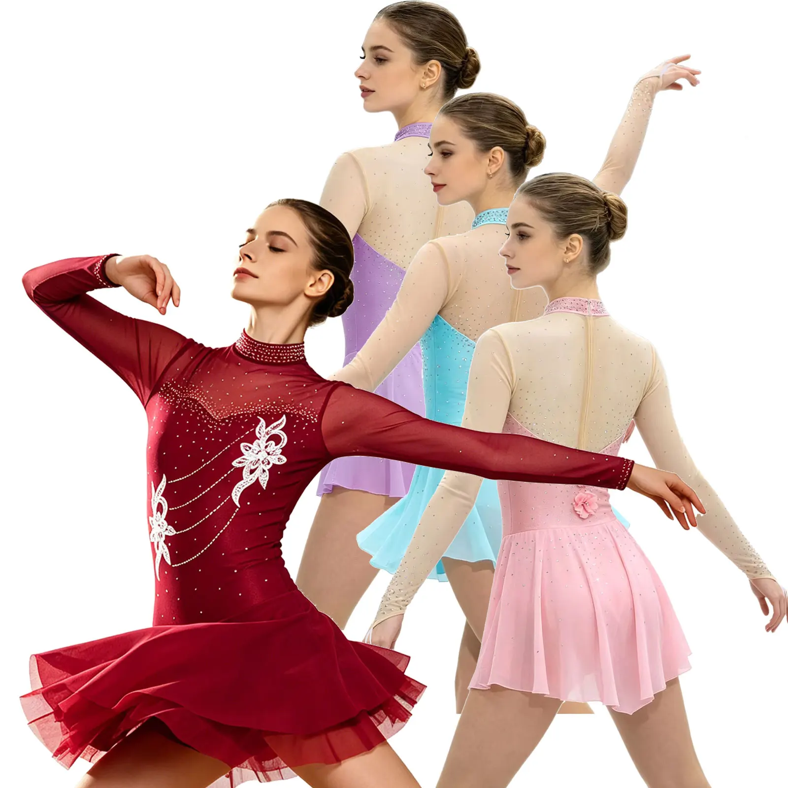 

Women Contemporary Dancewear Figure Skating Stage Performance Ballet Lyrical Competition Applique Mesh Splice Skirted Costume