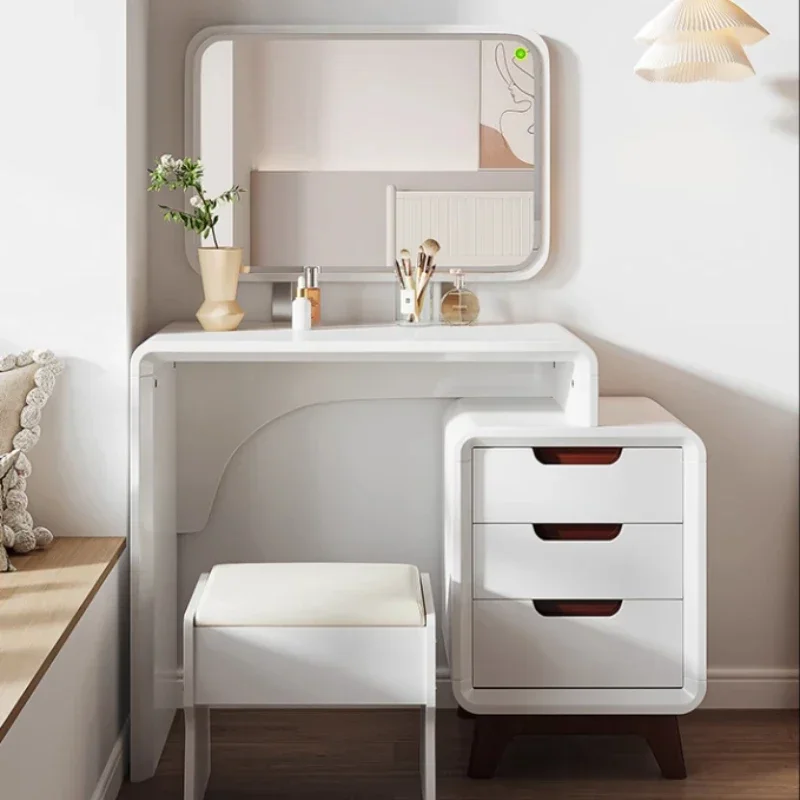 Dresser Vanity Desk With Mirror With Seat White Retractable Makeup Table Bedroom Small Apartment Storage Chest Integrated