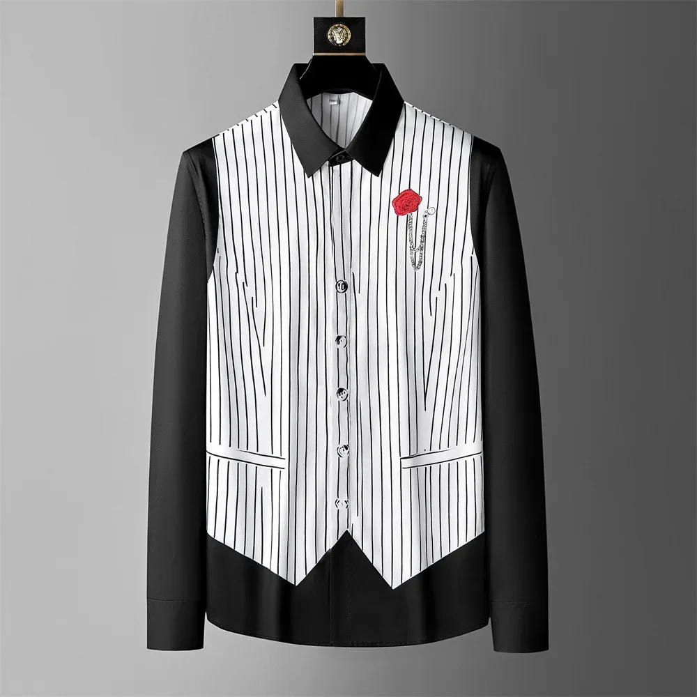 2024 British Style Fake Two Shirts for Men Fashion Long Sleeve Casual Business Shirts Social Party Service Staff Uniform Shirt