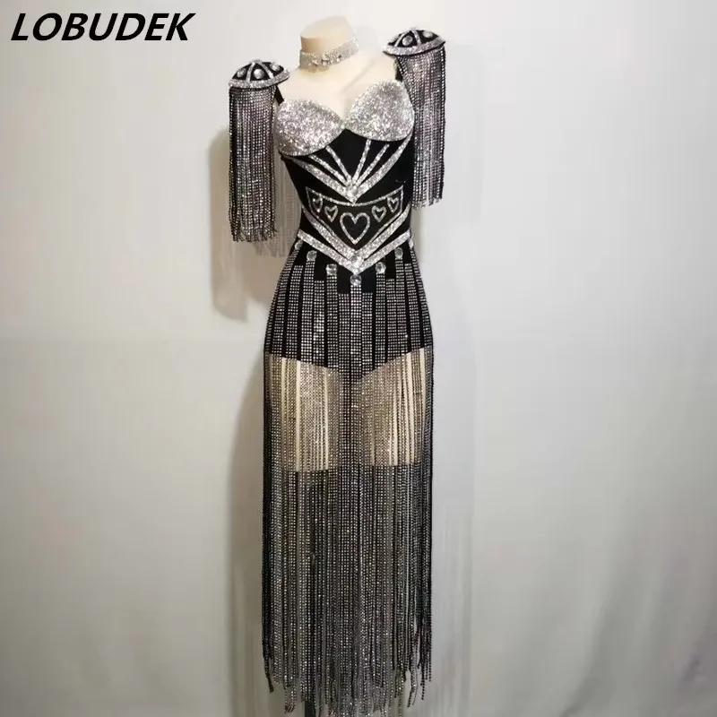 Damski czarno-biały kombinezon z frędzlami i dżetami, seksowny strój z chwostami na imprezę urodzinową, dla piosenkarki, zespołu tanecznego, kostium sceniczny.