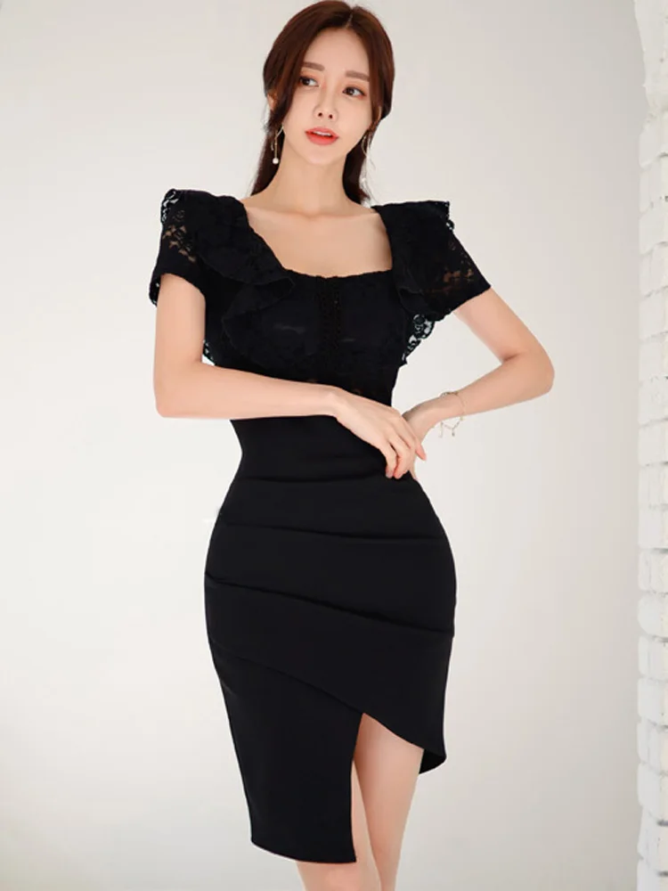 Black Elegant Office Lady Dress Summer Simple High Waist Lace Paneled Square Neck Puff Sleeves Temperament Tight Mini Dress