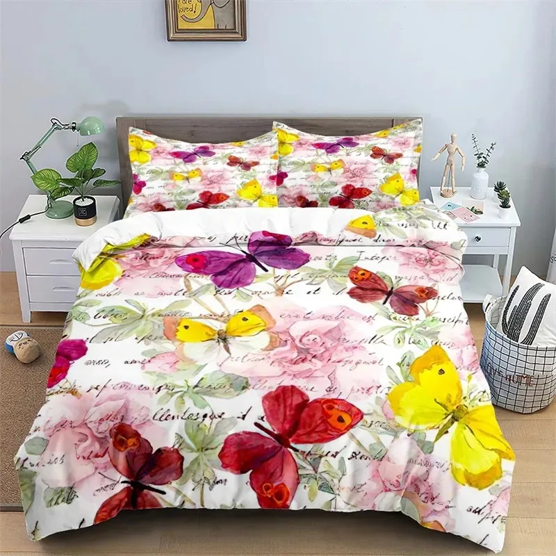 3D Colorful Butterfly Duvet Cover Natural Floral And Butterflies Pattern Bedding Set For Girl Women Microfiber With Pillowcases