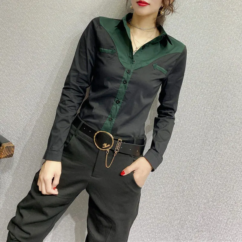 Fashion Slim Solid Color Spliced Shirt Commute Turn-down Collar Women\'s Clothing Single-breasted Spring Autumn All-match Blouse