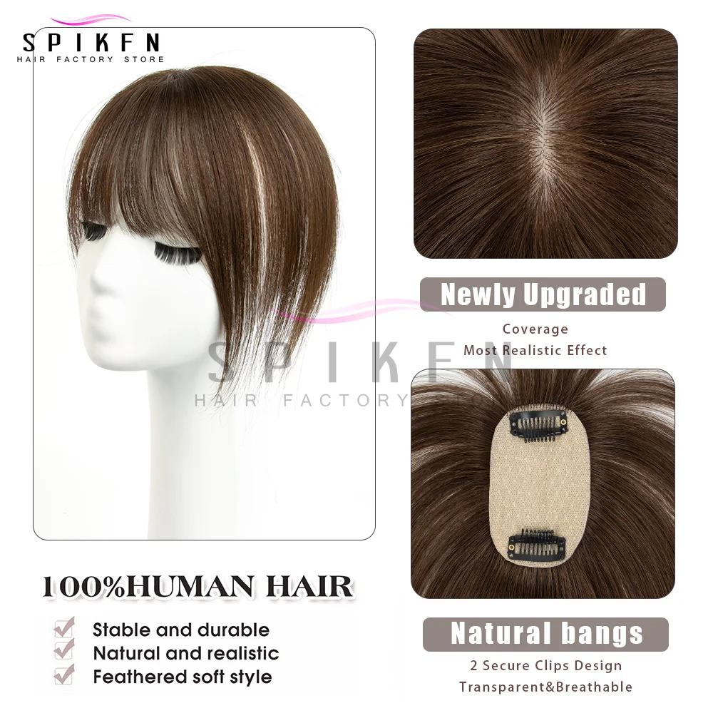 SPIKFN 허니 브라운 헤어 토퍼(뱅 포함) 5x9cm 베이스 네트 리얼 인간 모발 토퍼 8-14인치 내추럴 스트레이트 탑 헤어피스