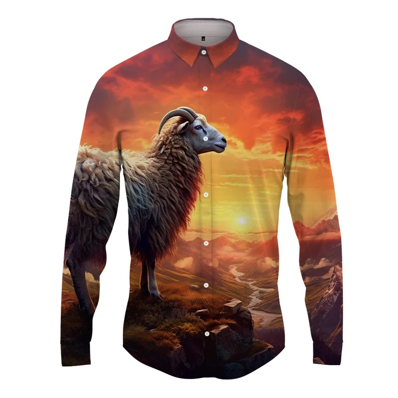 

Hawaii Long -sleeved Shirt Streets, Harajuku Men's Spring And Autumn Fashion Men's Button Shirt New 3D Goat Printed Shirt Tops