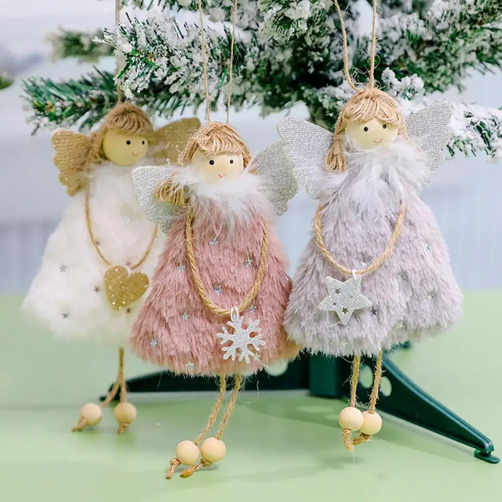 Christmas Tree Hanging Angel Doll Xmas Tree Plush Angel Pendant Furry Skirt Angel with Glitter Wings New Year Home Decoration