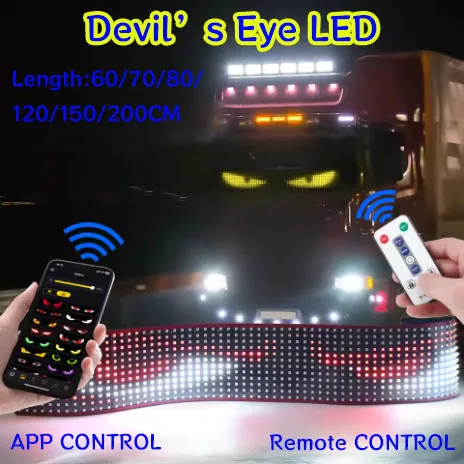 

Динамическая светодиодная подсветка для лобового стекла с эффектом «дьявольский глаз», гибкий мягкий экран, настраиваемый через приложение, с возможностью отображения текста, музыки и других изображений для автомобилей, внедорожников, автобусов и грузовик