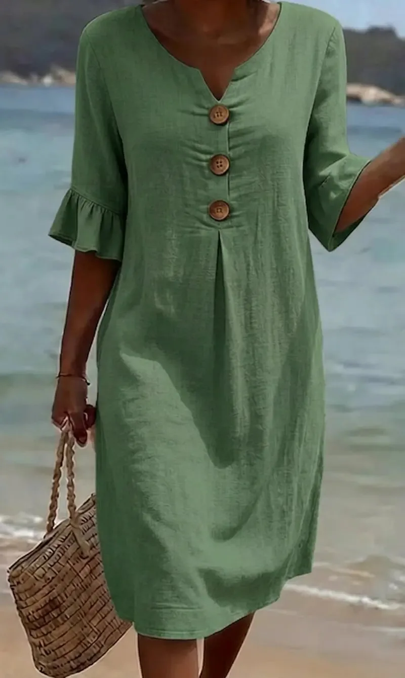 V-neck Button Solid Color Casual New Beach Vacation Style Versatile Dress For Women's A-line Lace Short Sleeved Patchwork Skirt