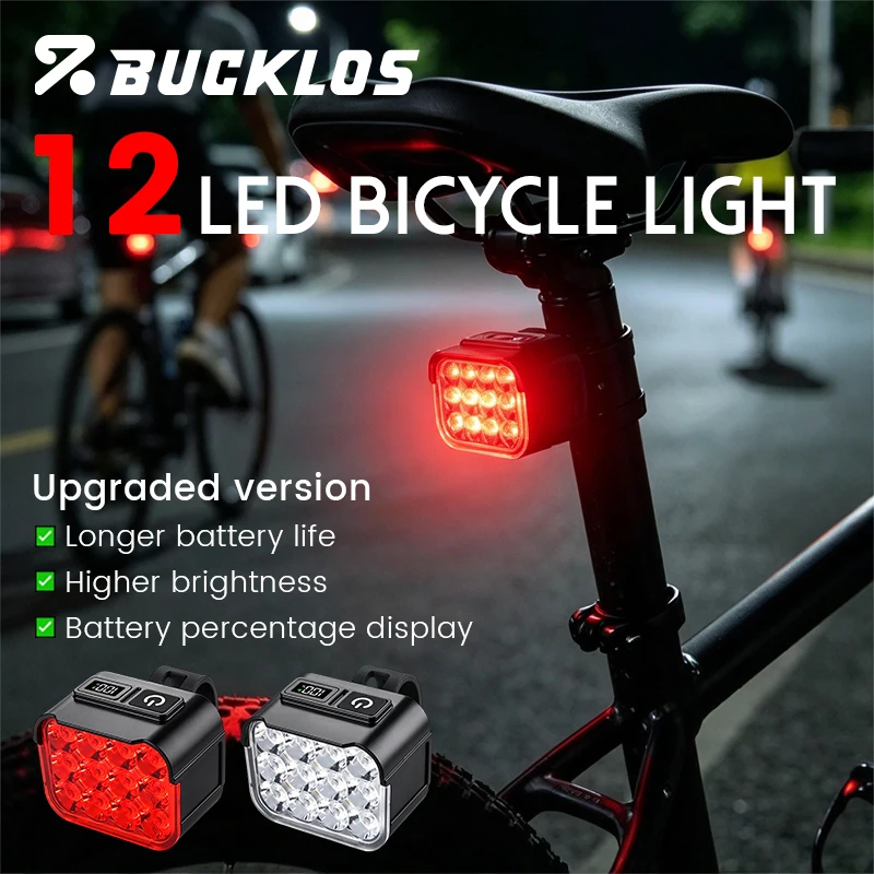 BUCKLOS 12LED Bicycle Rear Light Front Light 1200mAh Waterproof Bike Lamp Type-C Charging MTB Road Bike Taillights Bike Parts