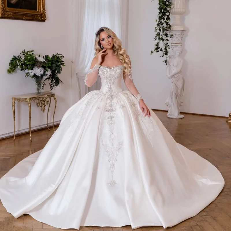 Satin White Appliques Wedding Dresses of Off-Shoulder Beadwork Decal Puff Skirt Decal off-shoulder Bridal Gowns Made Customized