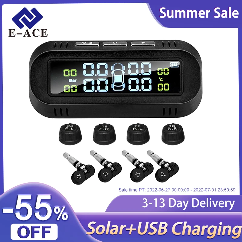 

E-ACE Smart Car TPMS Tire Pressure Monitoring Solar Power Digital TMPS LCD Display USB Auto Security Alarm Tire Pressure Sensor