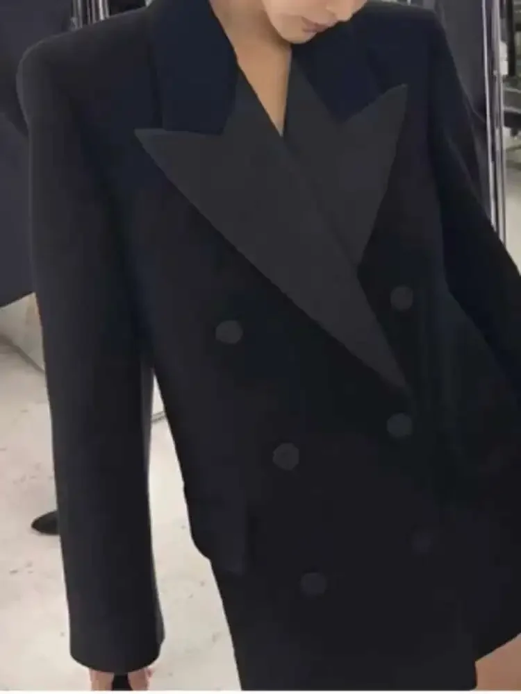 Elegant Blazer Coat European Style Lapel Double Breasted Black All Match Mid Length Jacket Women Spring Autumn 2025 New