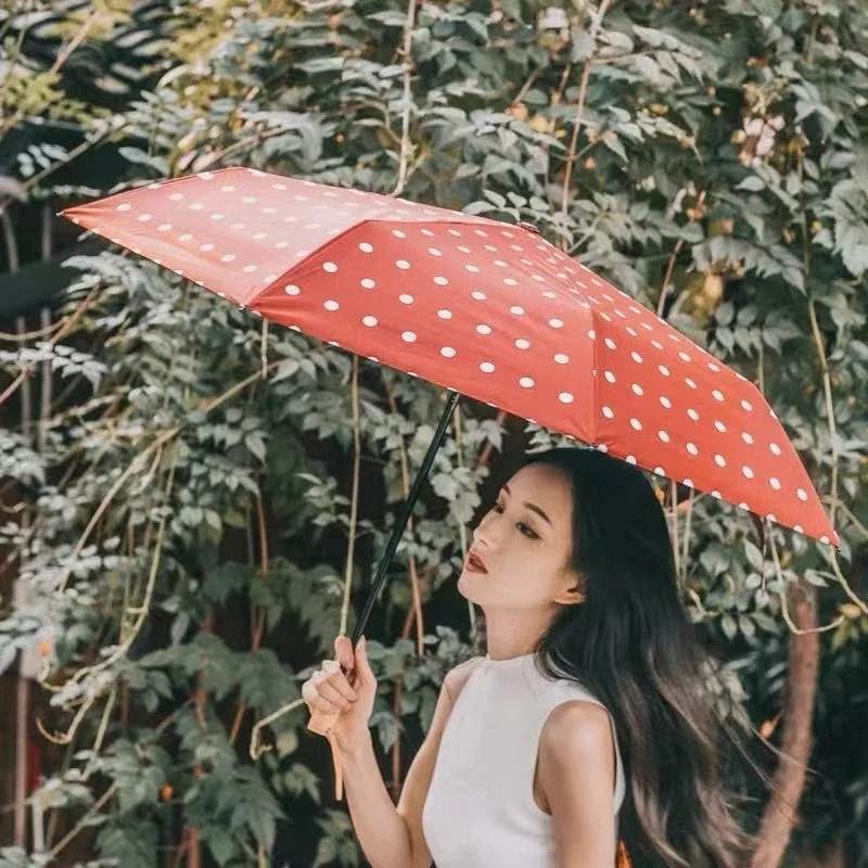 Classical Polka Dot Print Umbrella Black Coating Sunscreen Sunny Umbrella Rain Female Automatic Three Folding Umbrella Gifts