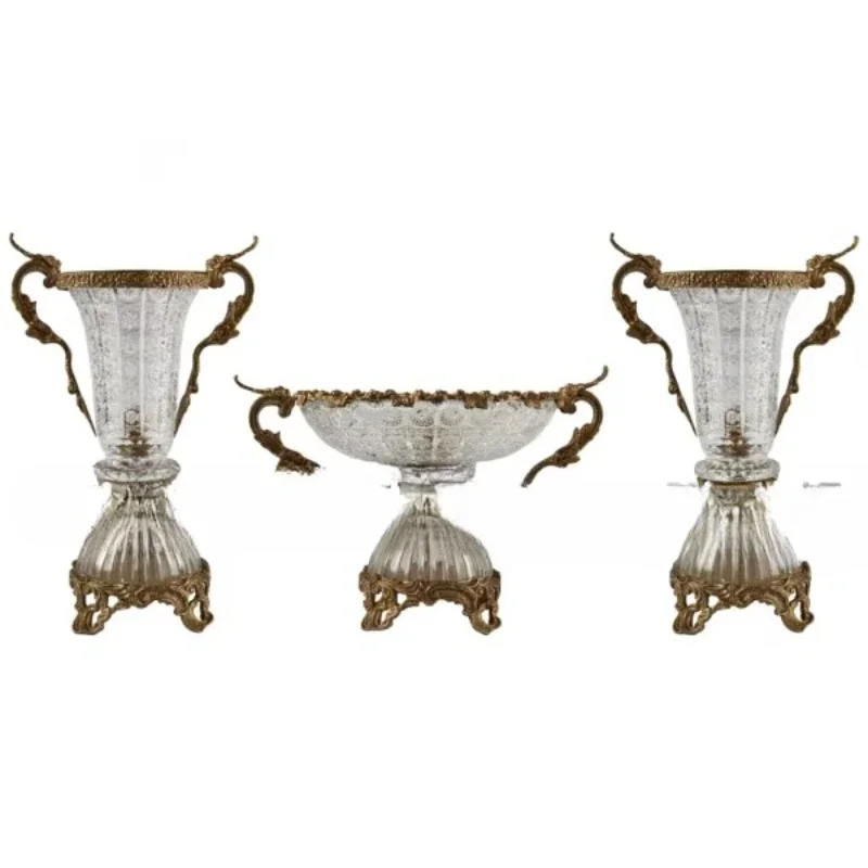 

Antique crystal and brass centerpiece set with gorgeous handle vase handcrafted luxury vintage trim elegant accessory