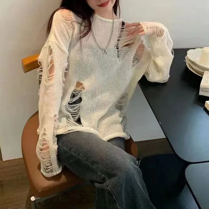 Oblique shoulder hollowed out top casual lazy pullover loose knit women's autumn hollowed out sweater long sleeve women's trend