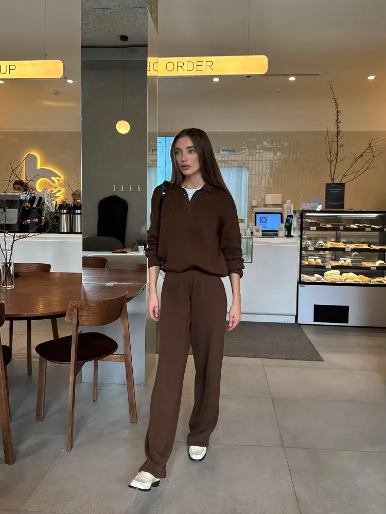 

Casual Pit Strip Knitting Pants Sets Solid Long Sleeve Lapel Crochet Sweatshirt Waist Straight 2025 Autumn New Lady Sportwears