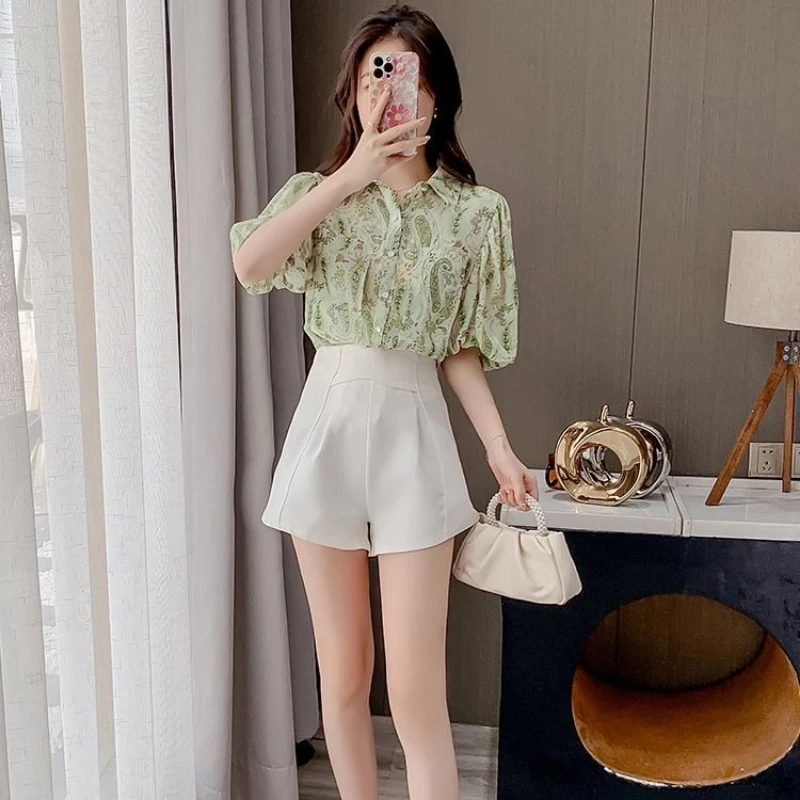 Floral Chiffon Thin Elegant Polo Neck Shirt Tops Summer New Short Sleeve Print Fashion Blouse Temperament Office Women Clothing