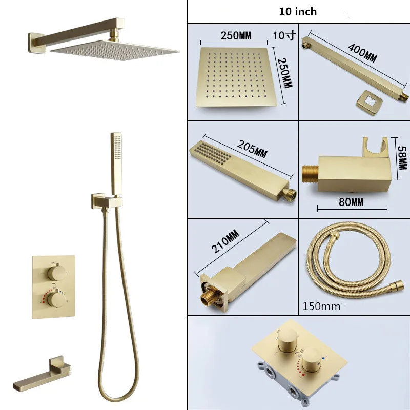 

Thermostatic Bathroom Shower Faucet In Wall Brushed Gold Bath and Shower Faucet Set Thermostatic Mixer Bath and Rainfall Shower