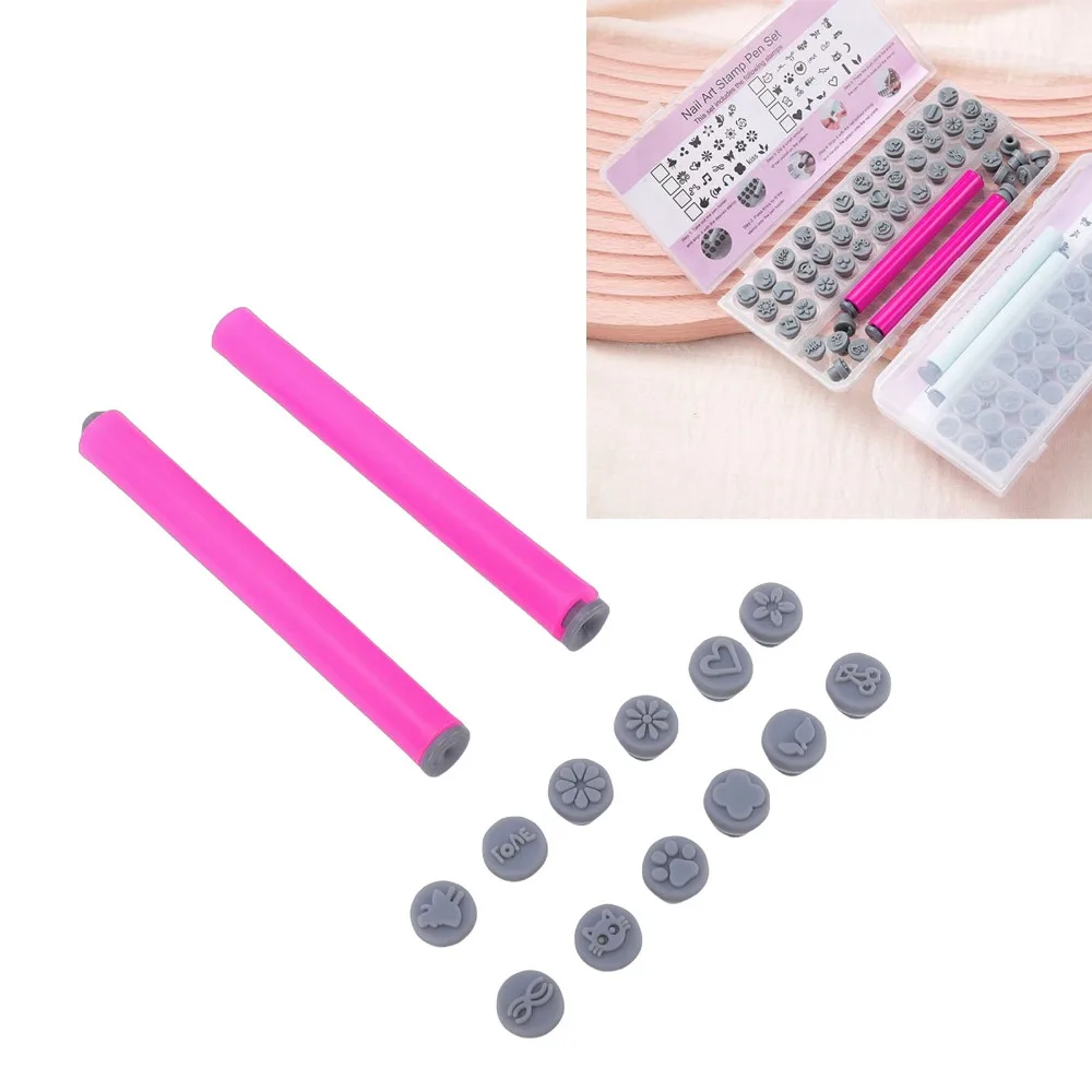36PCS 48 In 1 Nail Stamp Pen Set Interchangeable Stamp Heads Floral Butterfly Rose Patterns Nail Stamping Pen Kit