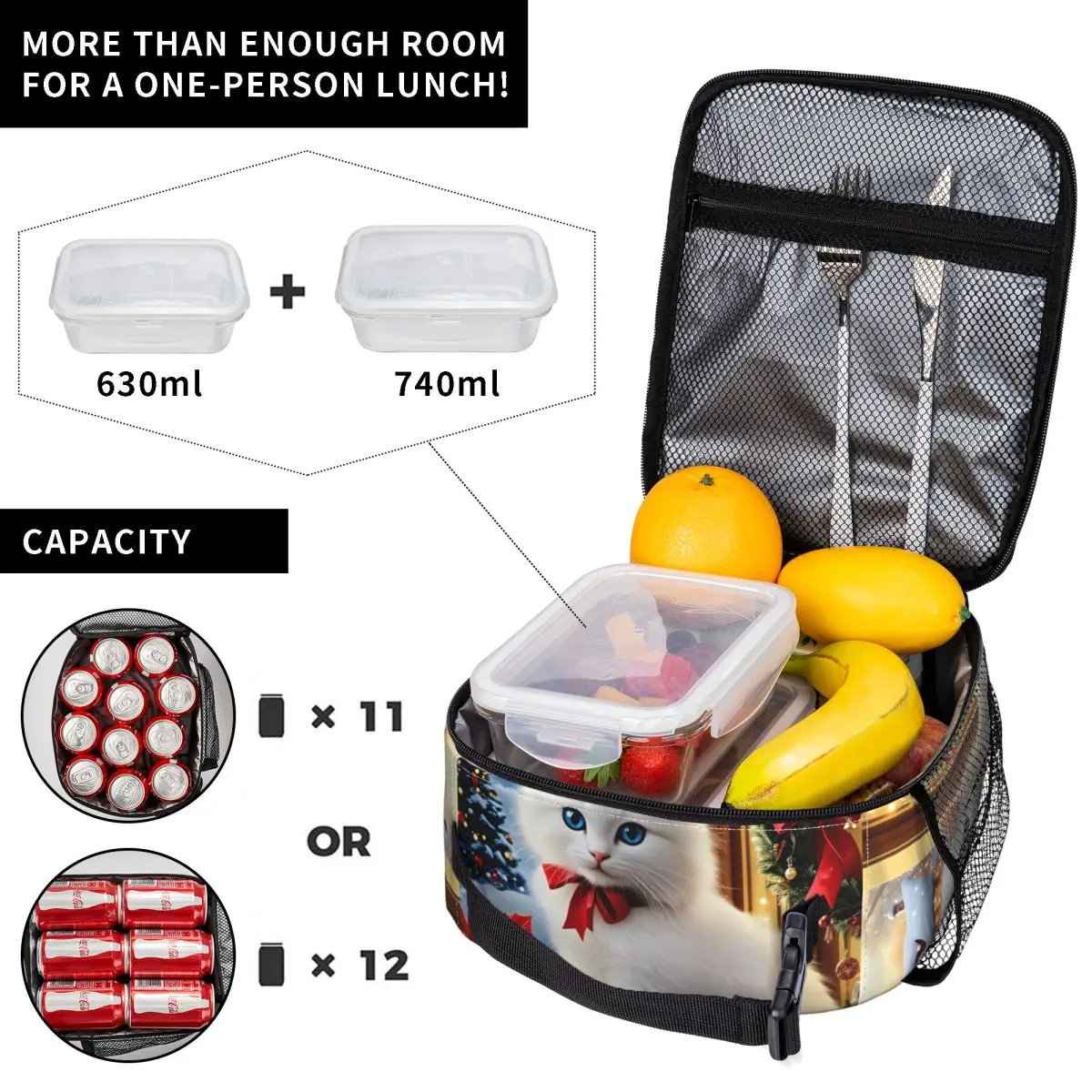 Christmas Cats Adorable Kittens In Festive Lunch Bag Lunch Box Casual Picnic Cooler Bag Portable Zipper Tote Food Bags