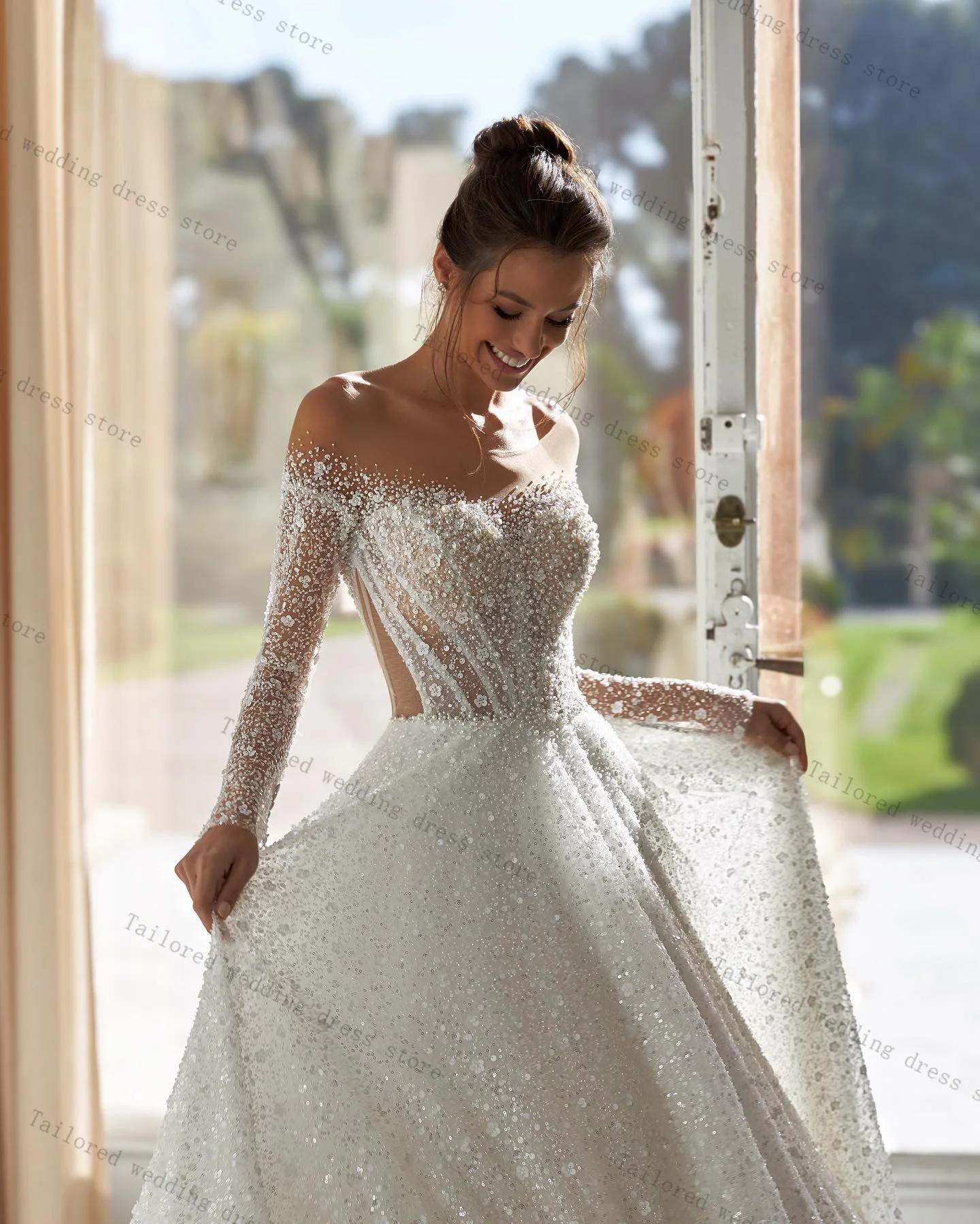 

White Lace A Line Women Wedding Dresses Elegant Sexy V Neck Full Sleeves Bridal Gown Church Customized Lace Up Back Robe