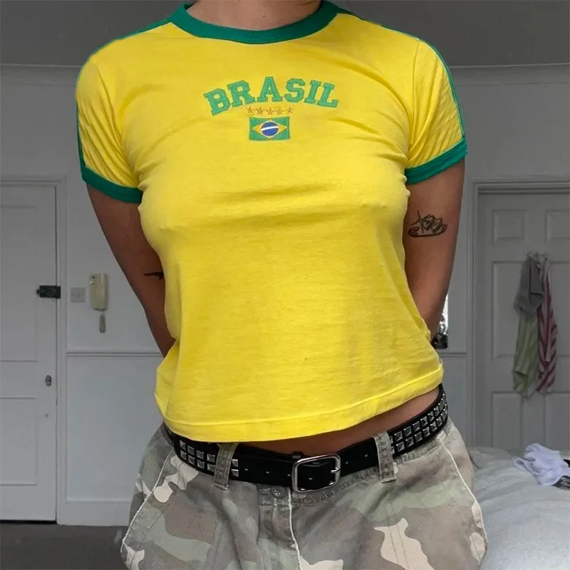 2024 Summer T-shirt For Women Brazil Letter AestheticVintage Y2k Crop Tops Casual Short Sleeve Tee Sporty Clothes Streetwear