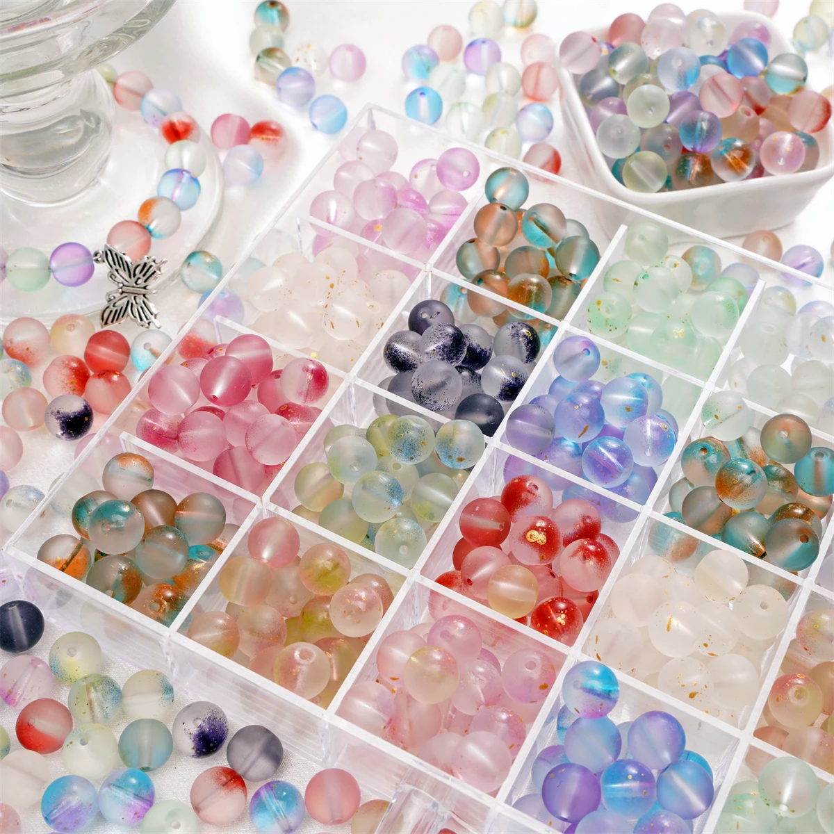 

8/10mm Frosted Translucent Gold Glitter Glass Beads | Two-Tone Craft Beads (1mm Hole, 50pcs/Pack) for Jewelry Making
