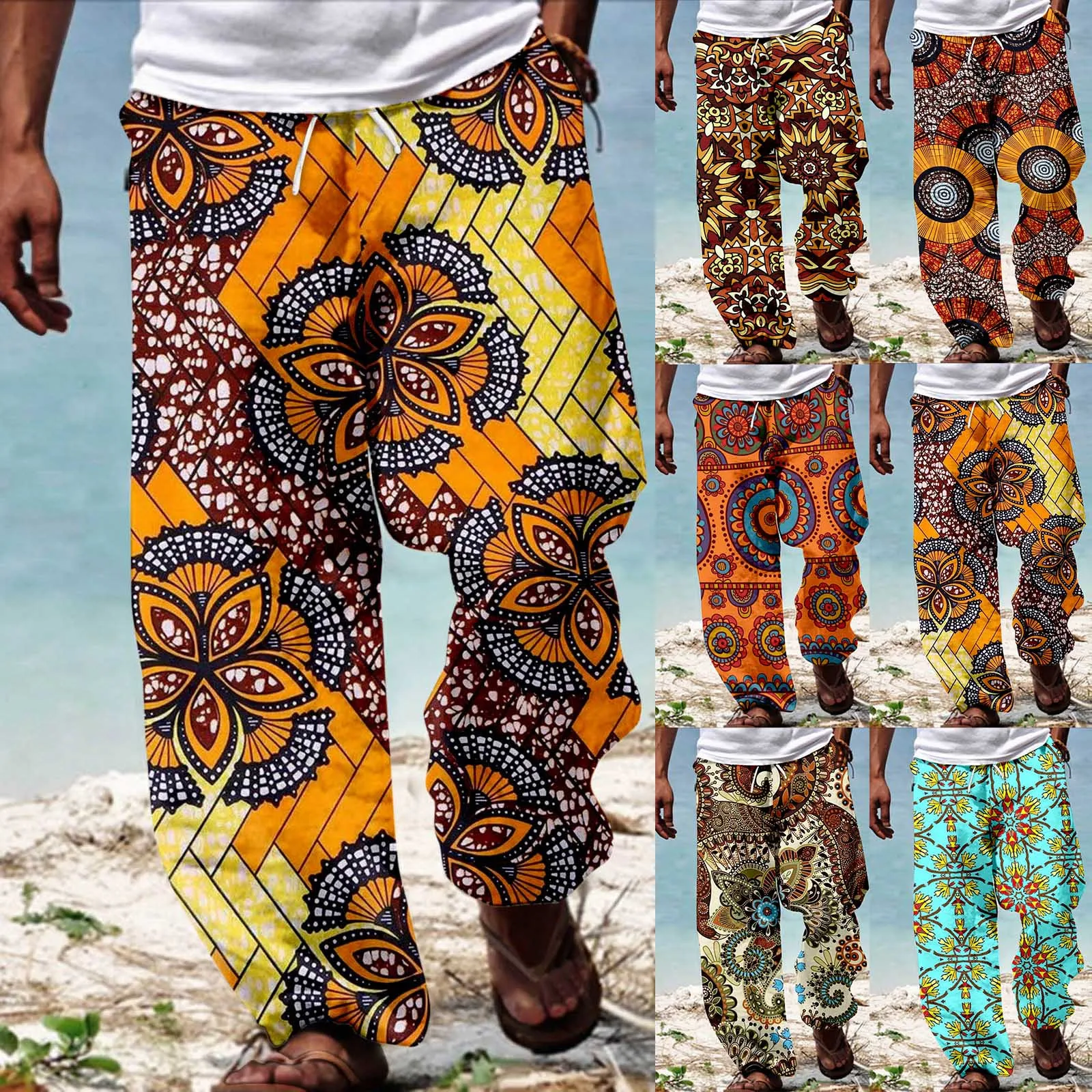 Men African Dashiki Traditional Style Casual Trouser Summer Hawaii Holiday Ankara Beach Floral Pants Mens Pants Straight