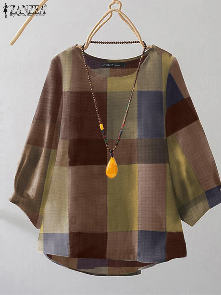 ZANZEA-Tops a cuadros para mujer, Túnica elegante con cuello redondo, camisa Retro con manga abombada 3/4, blusa Vintage informal holgada básica para uso diario