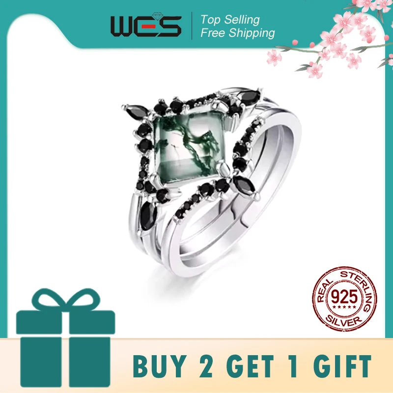 

WES 925 Sterling Silver Crown Moss Agate Leaf Ring Sets for Women Mom Crystal Natural Gem Anniversary Jewelry Wholesale Gift