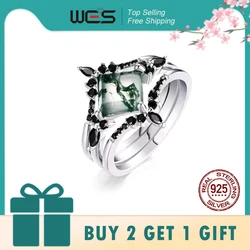 WES 925 Sterling Silver Crown Moss Agate Leaf Ring Sets for Women Mom Crystal Natural Gem Anniversary Jewelry Wholesale Gift