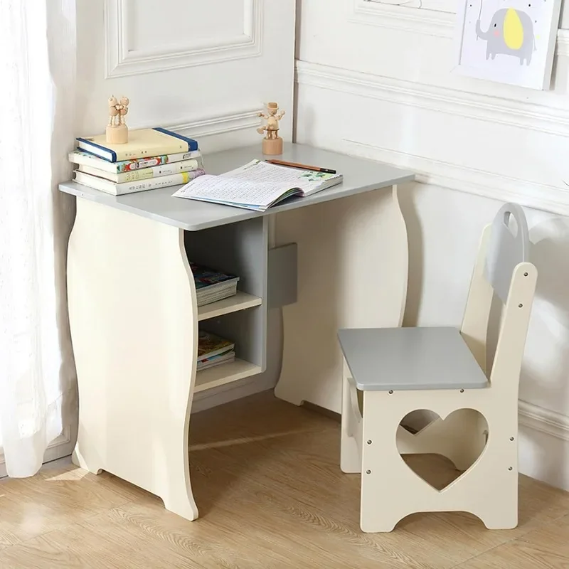 Escritorio de madera con estante de almacenamiento para niños, mesa de estudio escolar, mesa de escritura para uso escolar en el hogar, gris y Beige