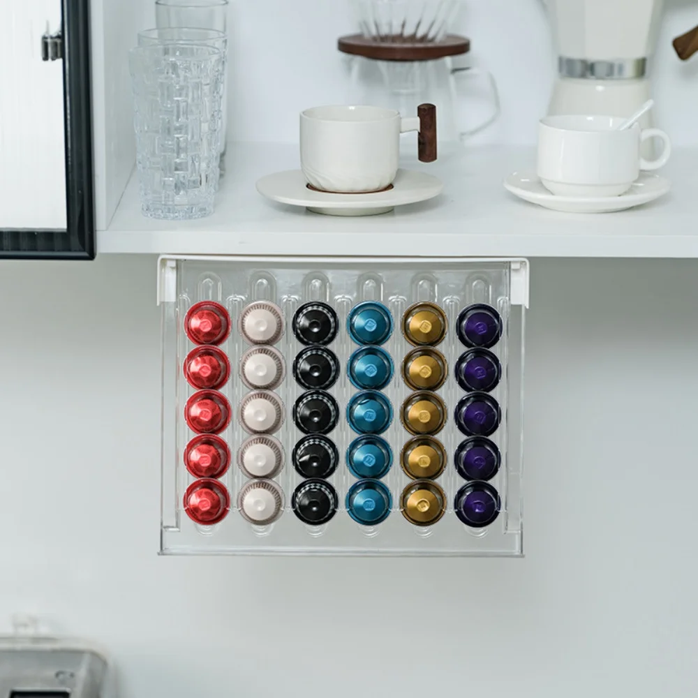 

Home Use Coffee Capsule Storage Box Desk Table Drawer Storage Box Space with 30 Capacity Wall Mount Desktop Storage Rack