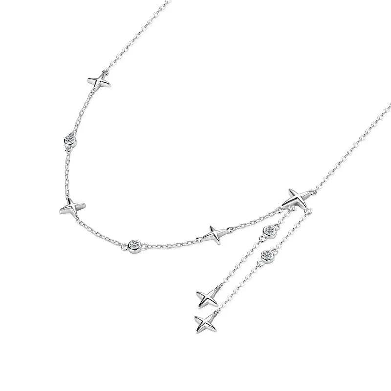 S925 Pure Silver Starry Tassel Necklace for Women, Popular Cross-Border Moissanite, Niche Korean-Style Fresh Clavicle Chain
