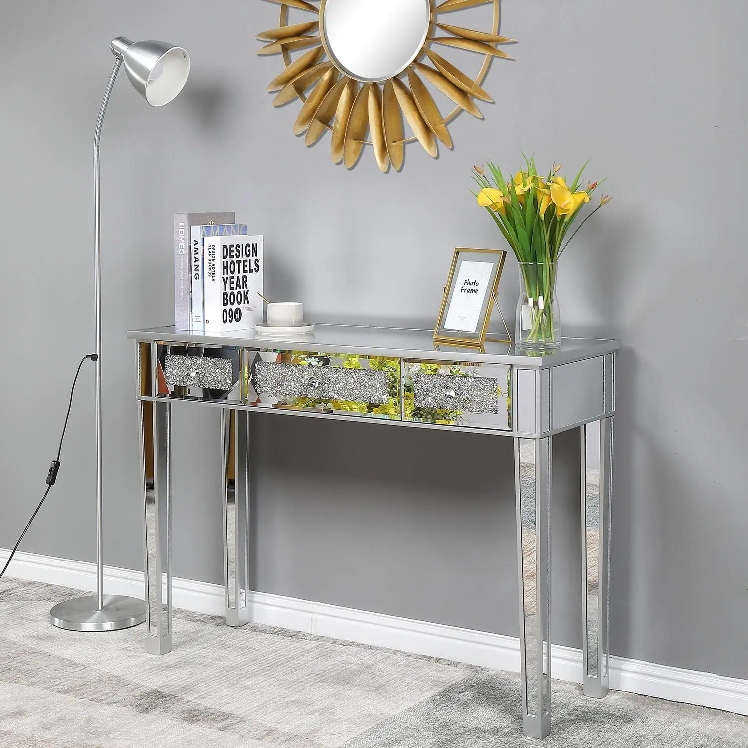 Modern Silver Computer Desk with Mirror Finish & Three Pumping Glass Accents