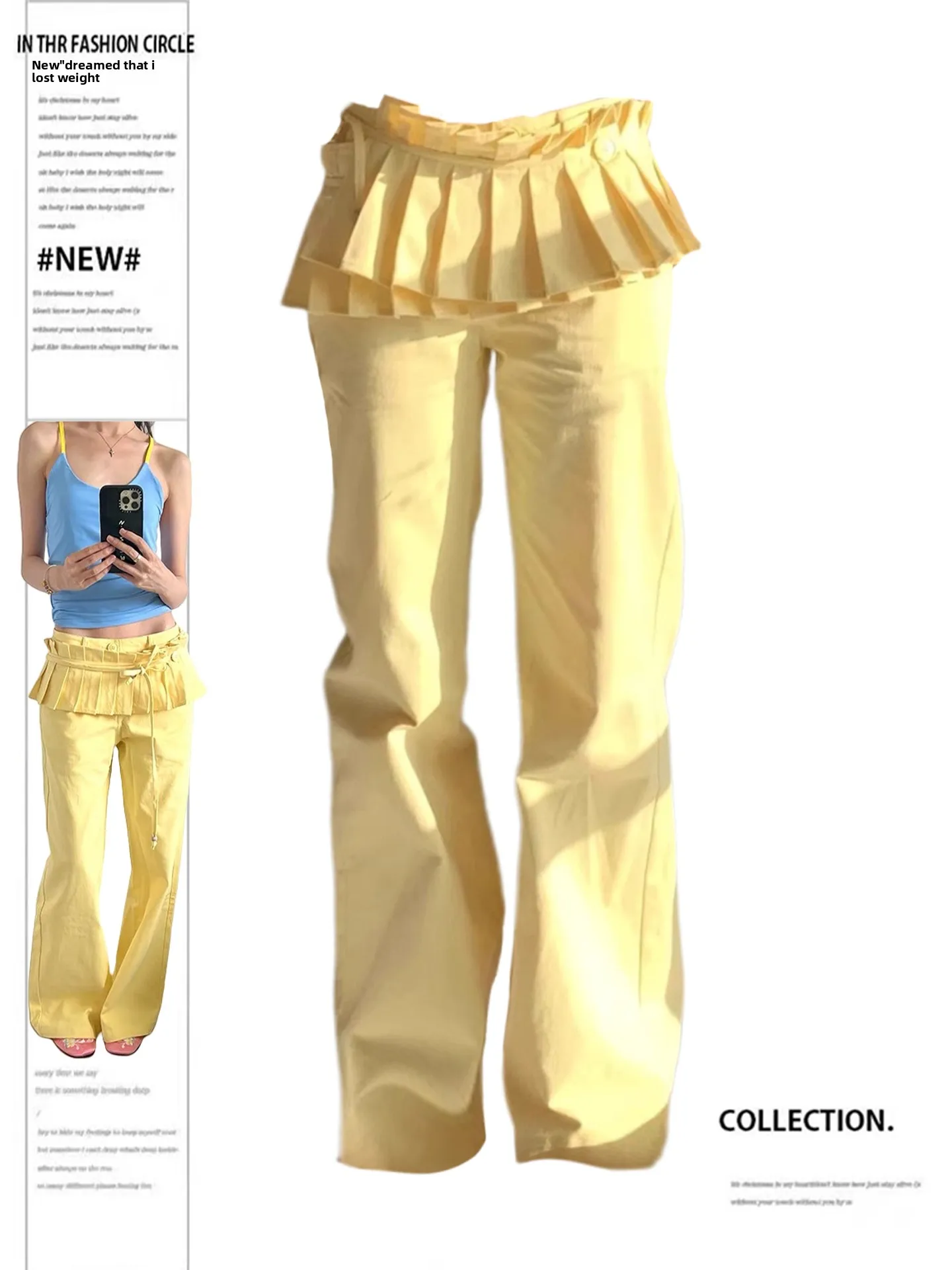 

Yellow Straight Leg Jeans Women's High Waist Zipper Fly Casual Trousers with Detachable Skirt Hem Street Sle Vintage Denim