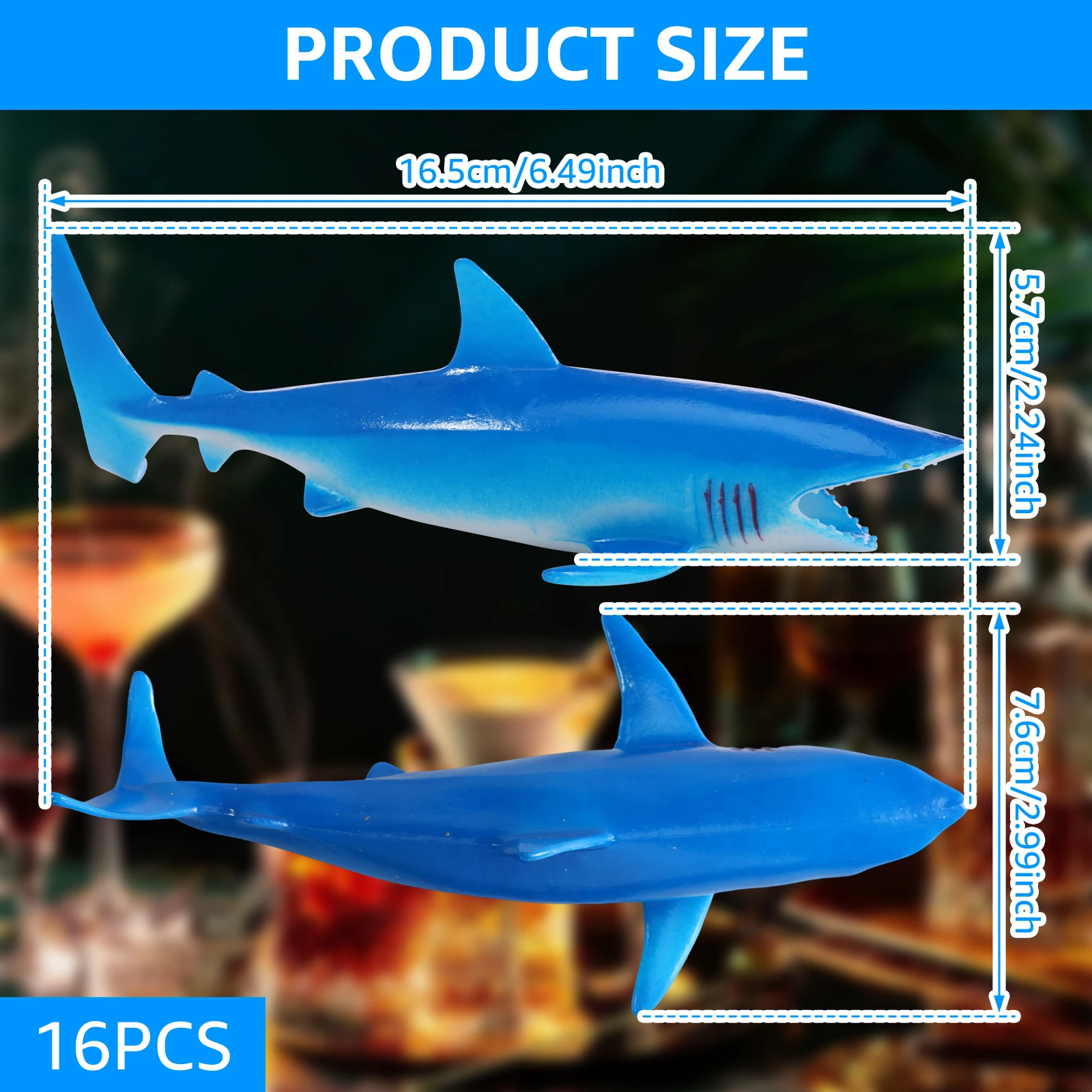 16-teiliger PVC-Hai zum Trinken, wiederverwendbarer hohler Hai-Dekor, gefüllter Geschmacksirup für Cocktail-Limonade für Mottoparty-Ozean-Tiere – Detail 1