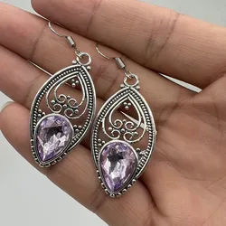 Vintage water drop metal craftsman carving pattern hollow earrings inlaid with purple glass bohemian style women's hook earrings