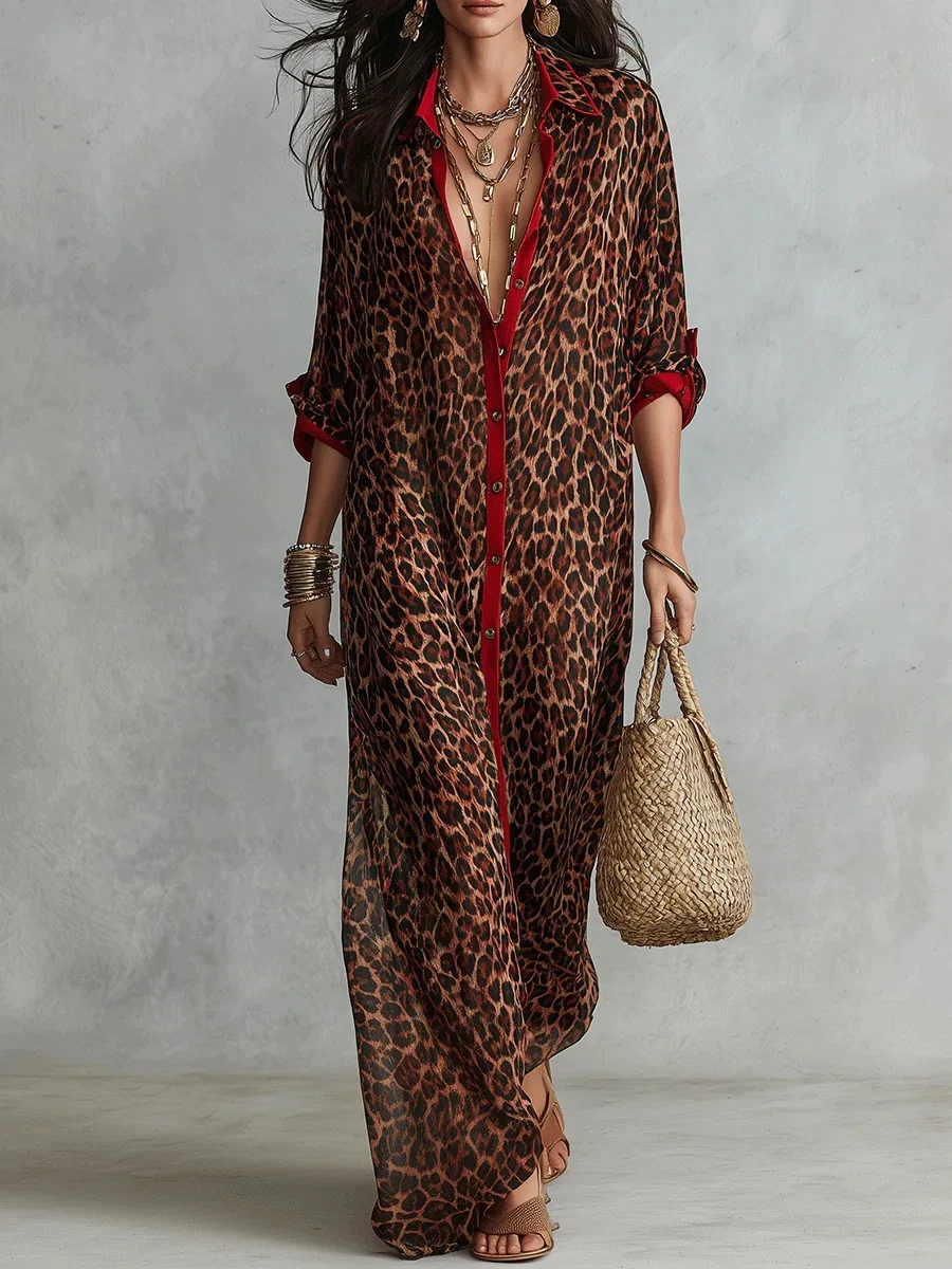 Damen Leoparden-Print Hemdkleid mit Roter Borte, Reverskragen, Knopfleiste, Seitenschlitz, Lockerer Strand-Überzug, Kaftan, Urlaubskleid, Lässiges Langes Kleid