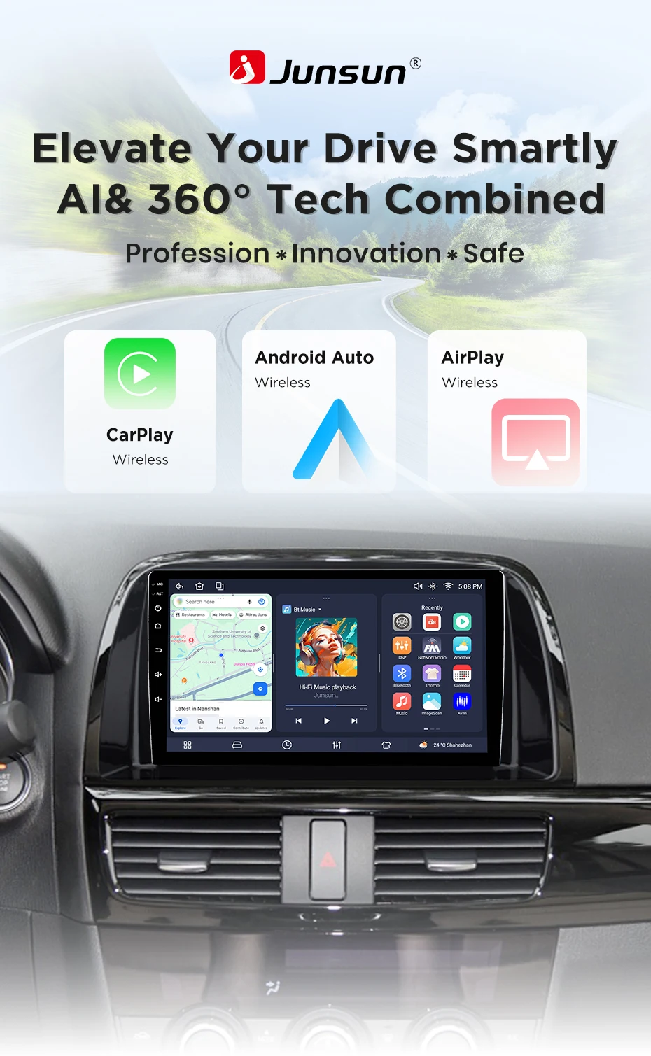 Junsun Android 15 Auto-Intelligenzsysteme für Mazda CX 5 CX5 CX-5 2012-2016 AI Wireless CarPlay für Apple Auto 9" IPS – Detail 4
